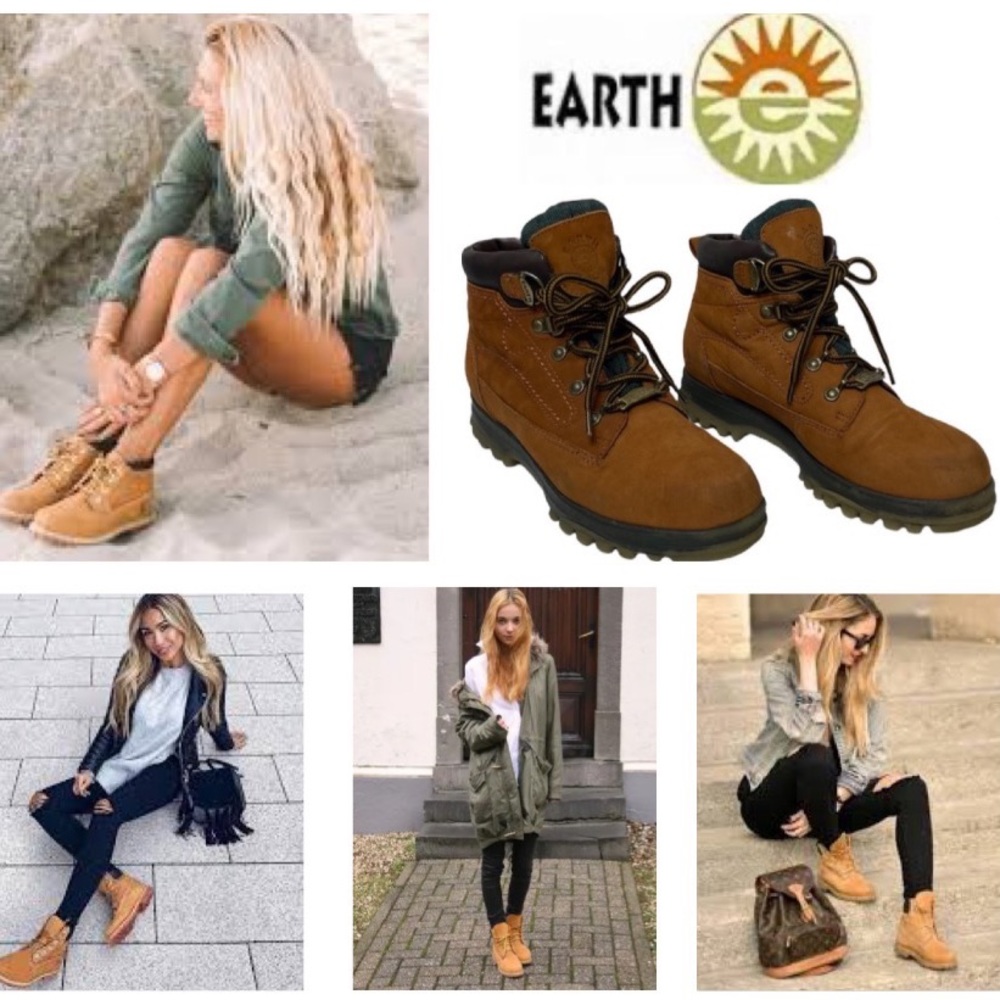 Leather Boots Work Combat Lace Up Hiking Comfort Boots Earth Shoe Brown Size 7.5